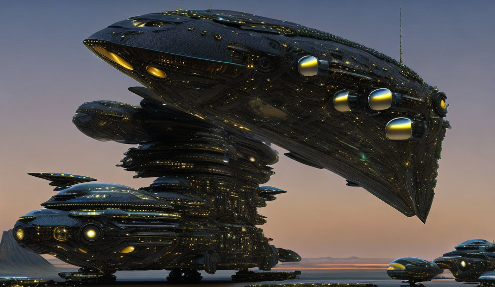 Futuristic city skyline with alien spacecraft-shaped buildings at dusk