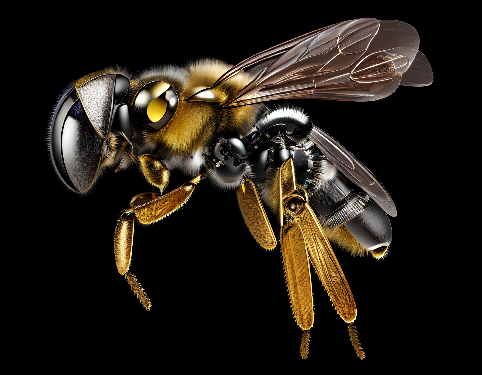 Detailed Illustration of Translucent-Winged Bee on Black Background