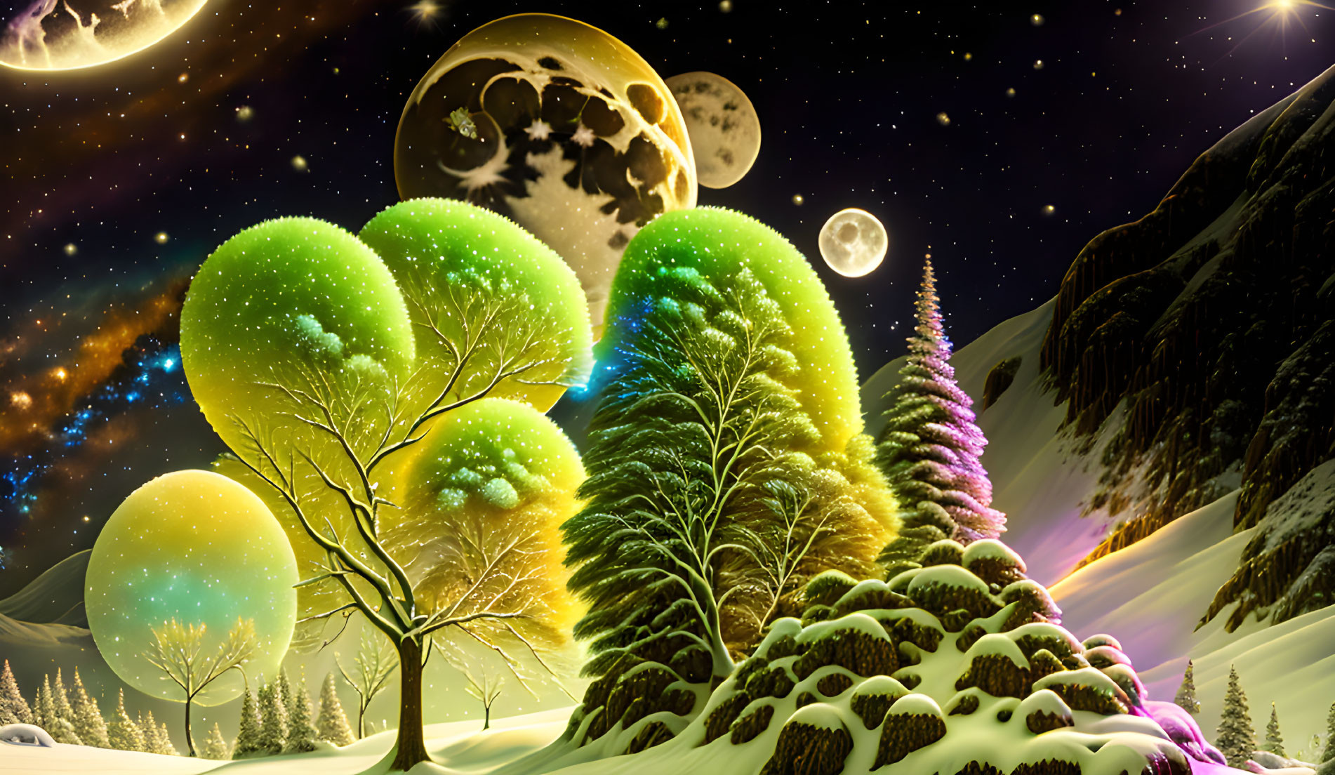 Fantasy Winter Night Scene with Illuminated Trees and Multiple Moons