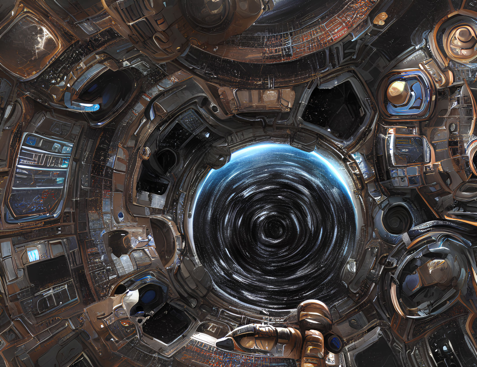 Detailed Sci-Fi Space Station Interior Surrounding Dark Vortex