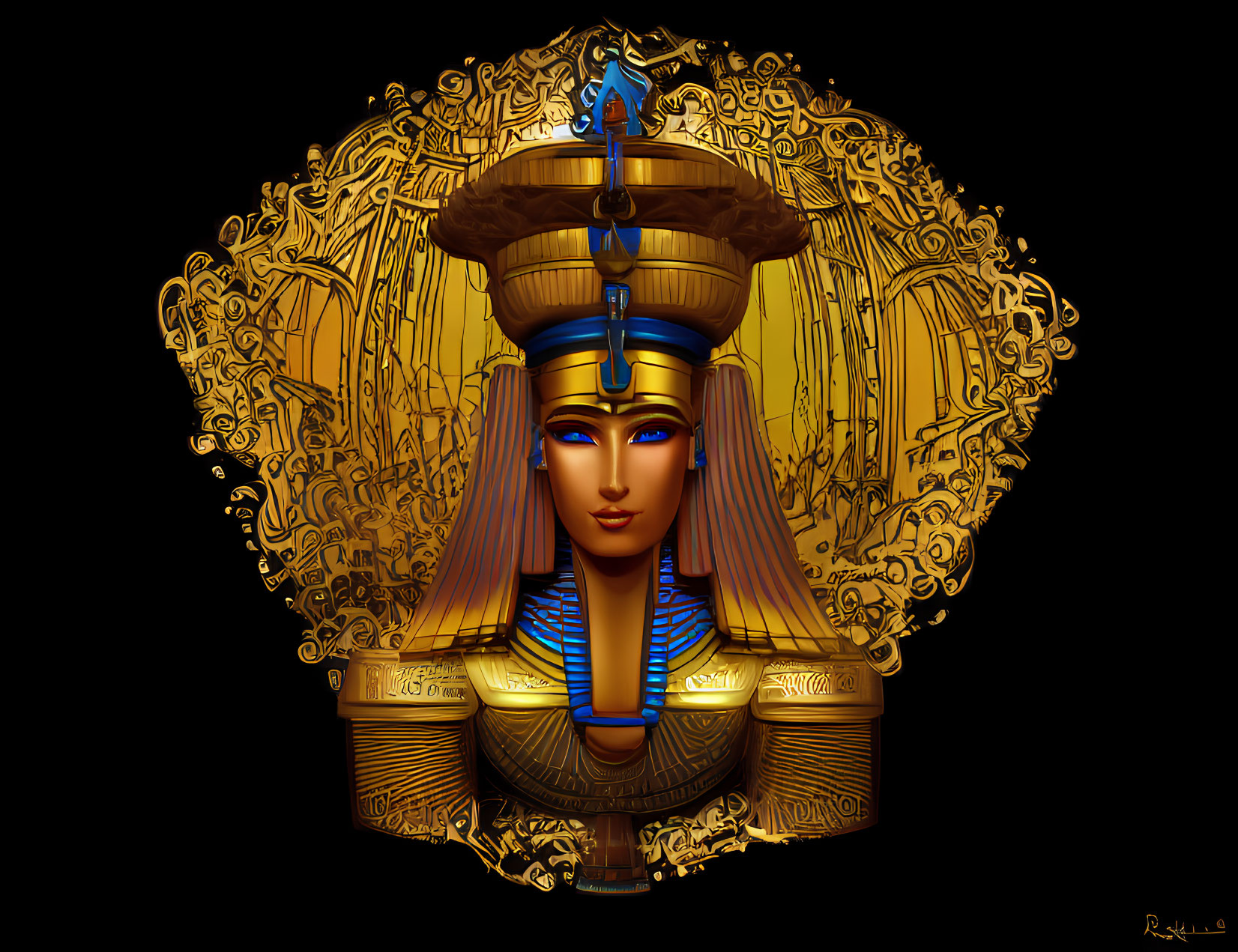 Egyptian Pharaoh with golden headdress and hieroglyphic background