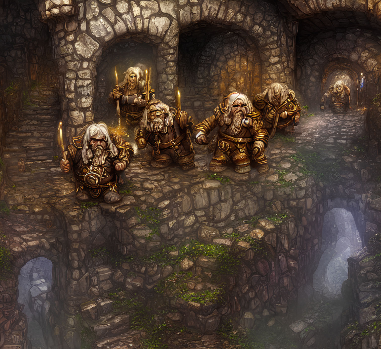 Fantasy scene: Armored dwarves with axes in torch-lit stone hallway