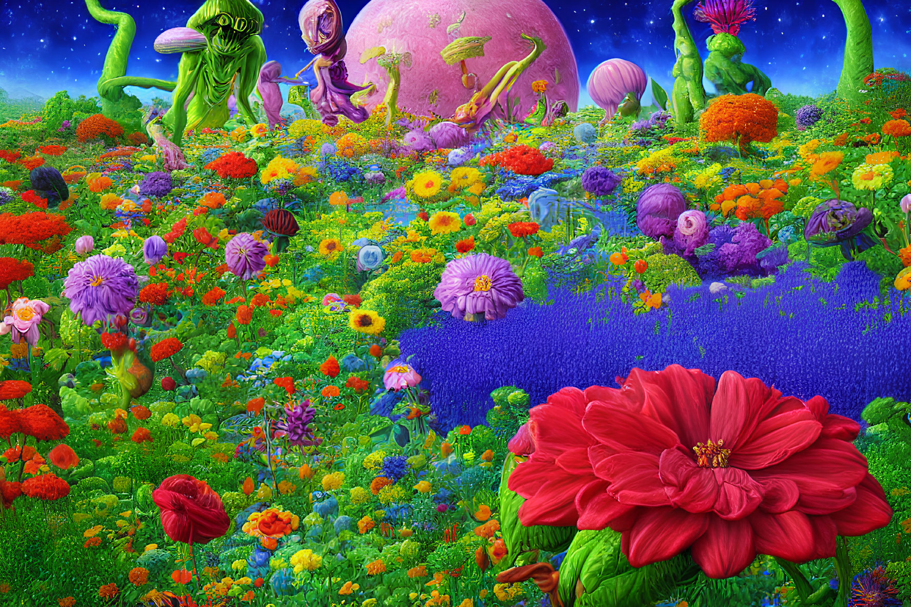 Colorful Flower Field with Alien Plants and Starry Sky Background