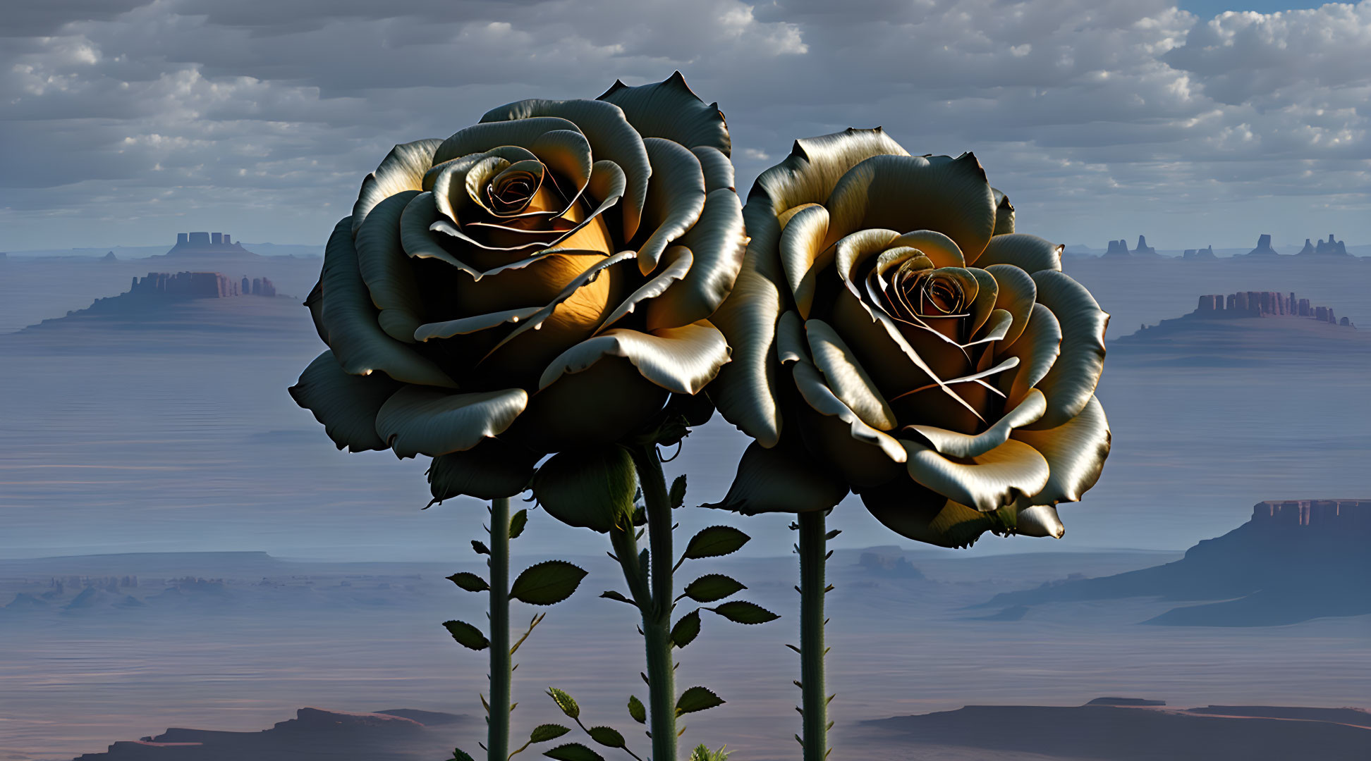 Gold-Tinted Roses in Desert Landscape with Mesas and Cloudy Sky