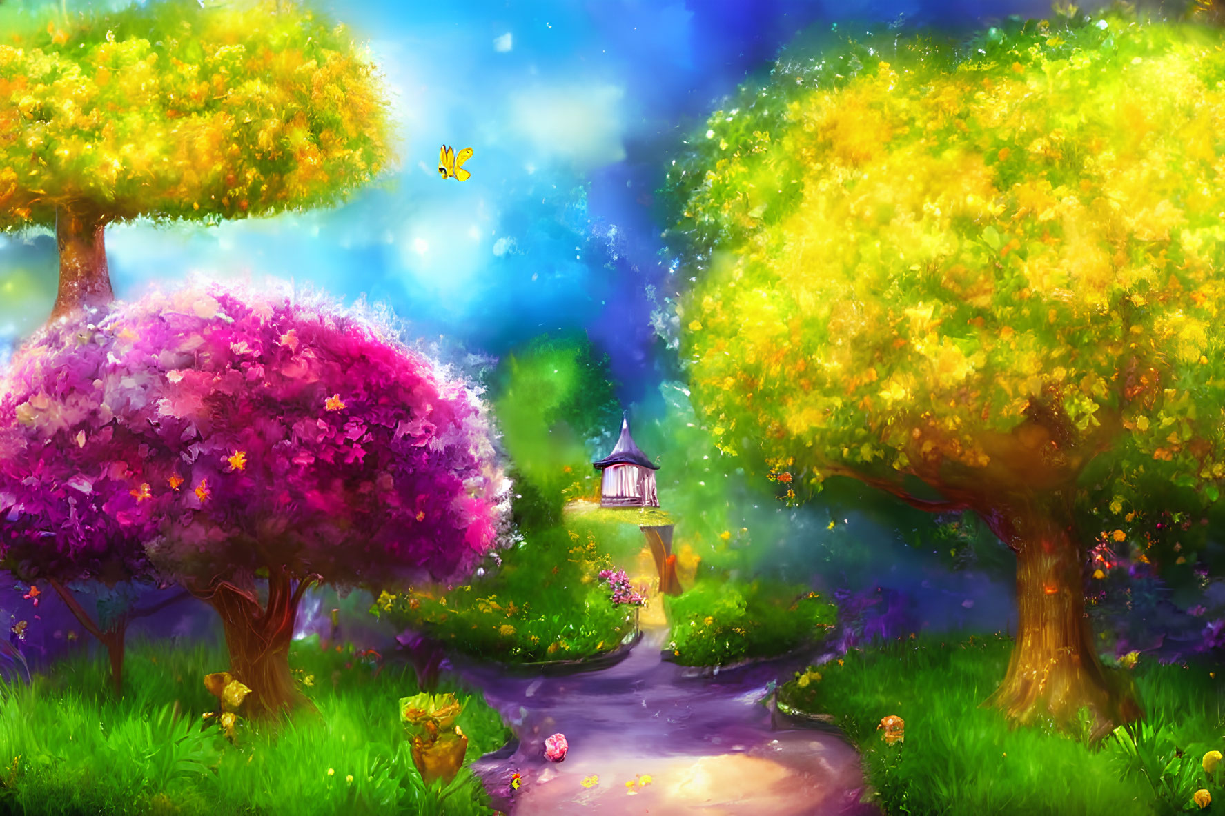 Colorful Fantasy Landscape with Trees, Path, Lantern, Butterfly, and Blue Sky