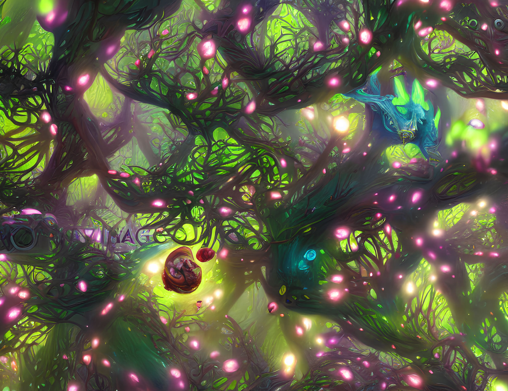 Enchanting forest scene with pink orbs, green trees, and blue creatures
