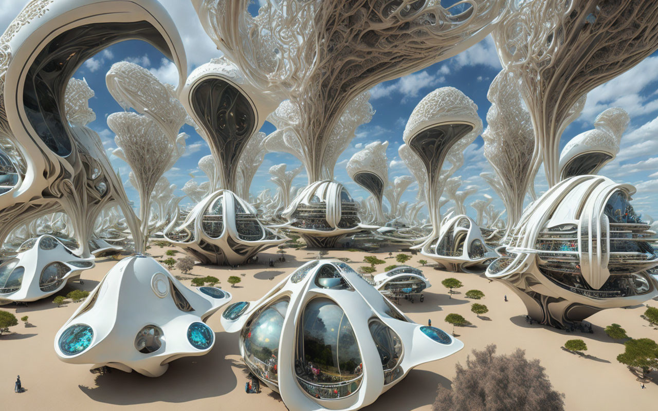 Futuristic cityscape with tree-like structures and egg-shaped buildings