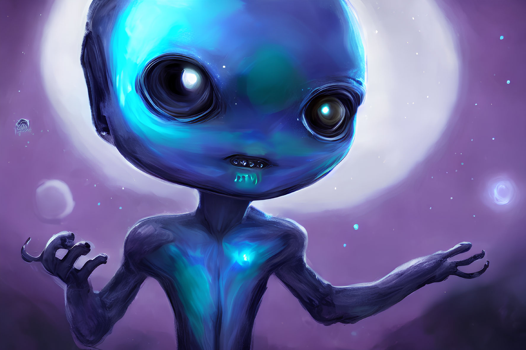 Blue alien with large eyes in cosmic scene.