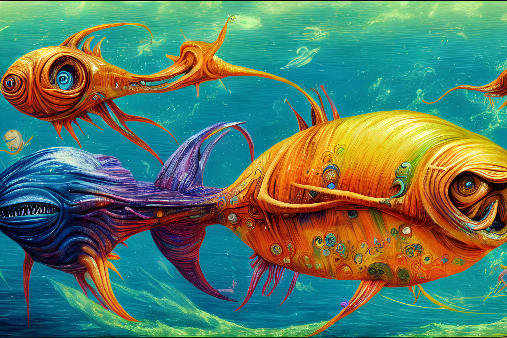 Colorful surreal fish in a vibrant digital underwater scene
