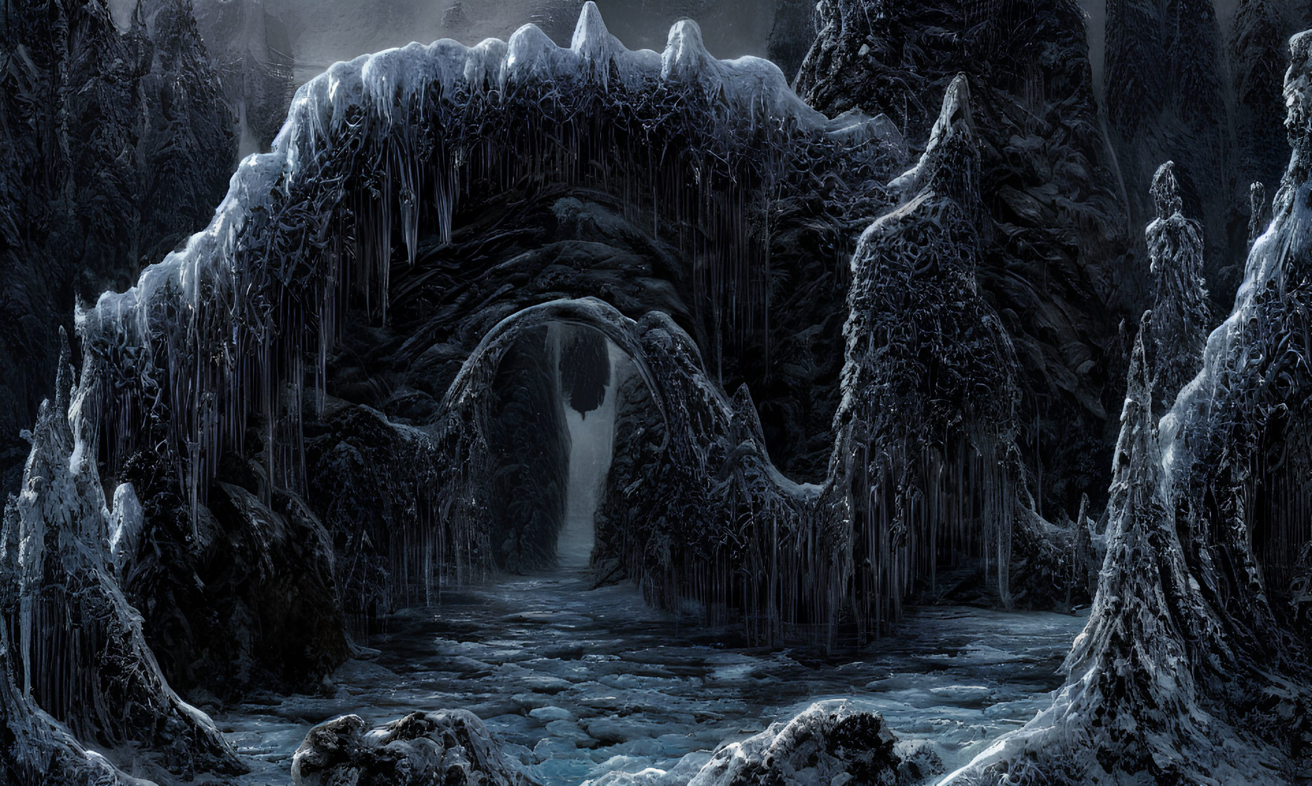 Frozen landscape with icicle archway over river and snow-covered trees
