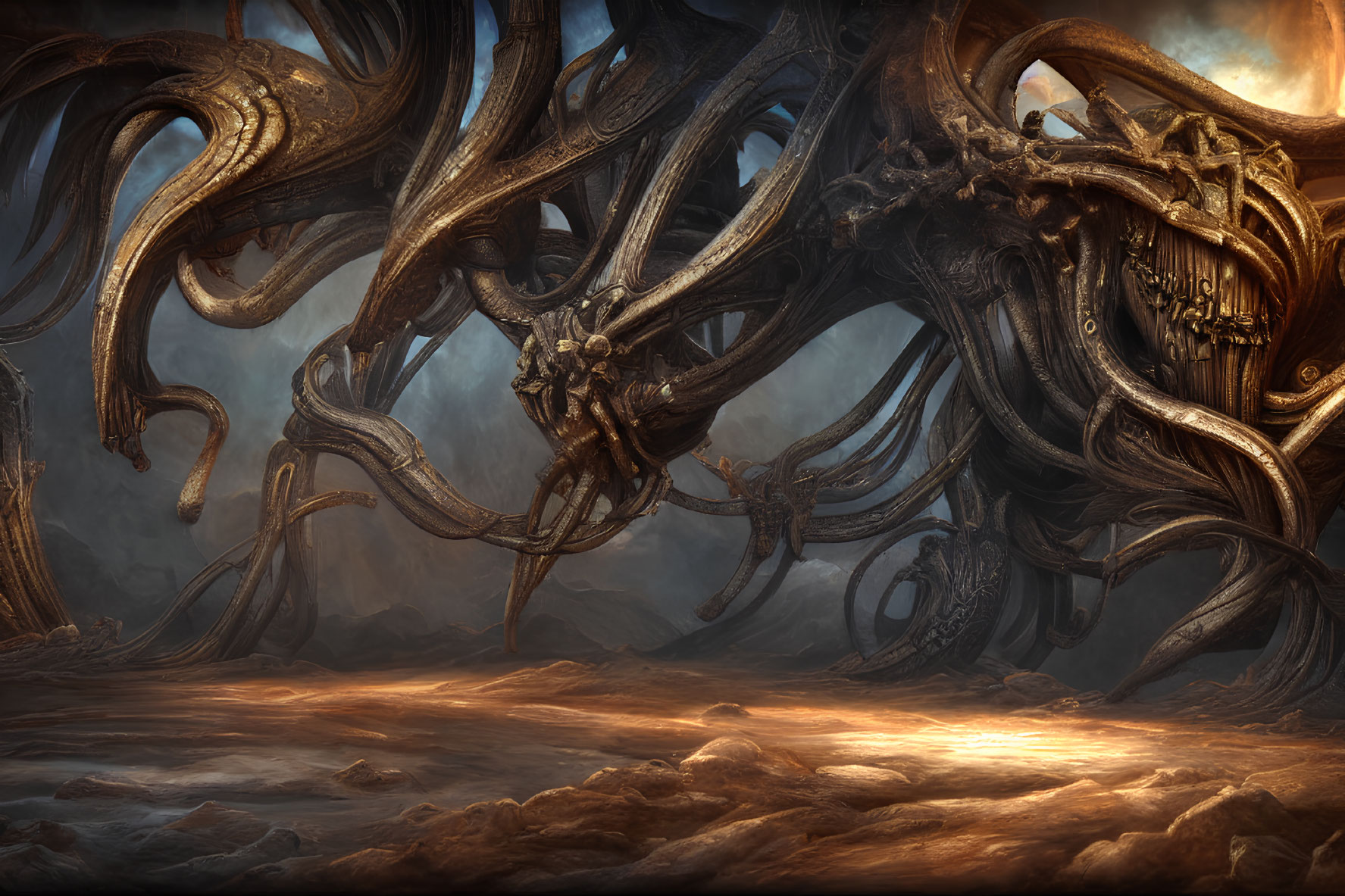 Surreal dark landscape with twisted root-like structures and eerie orange lighting