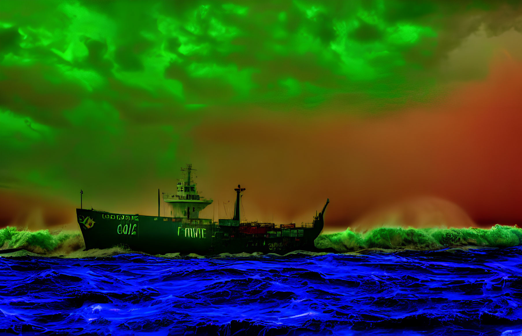 Color-altered cargo ship image with surreal green skies and blue waves