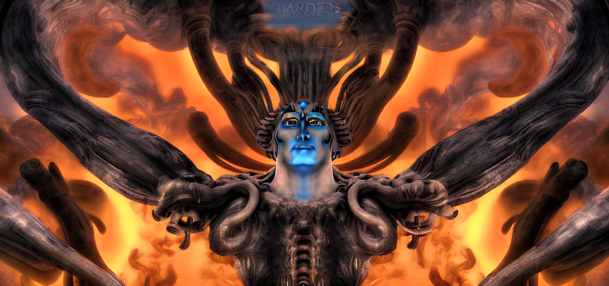 Blue-skinned alien-like figure with intricate headgear and tattoos in fiery background.