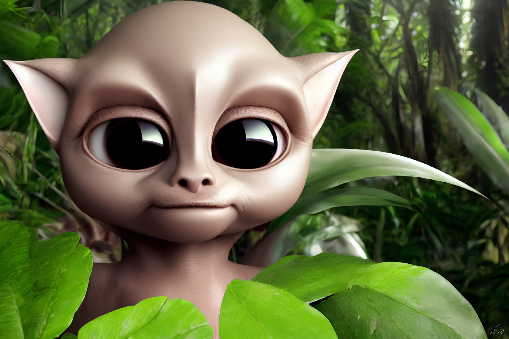 Friendly Alien Peeking from Green Foliage in 3D Render