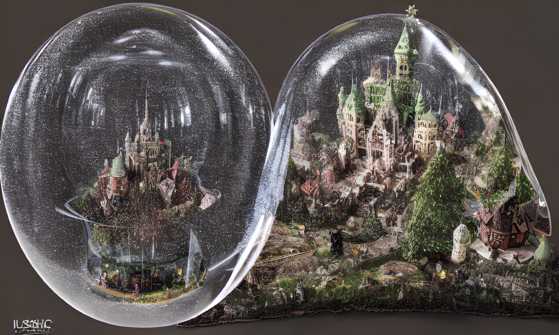 Detailed 3D Render of Interconnected Snow Globes with Fantasy Landscapes