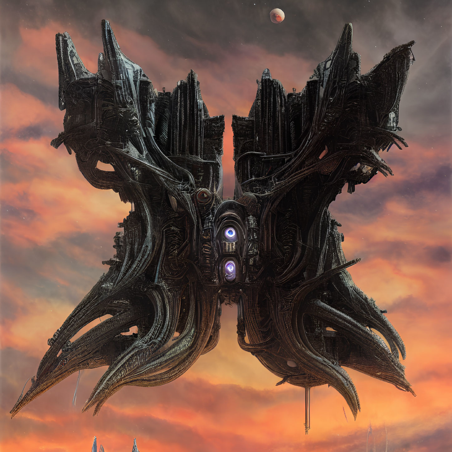 Gigantic biomechanical alien spaceship under dusky sky with intricate designs