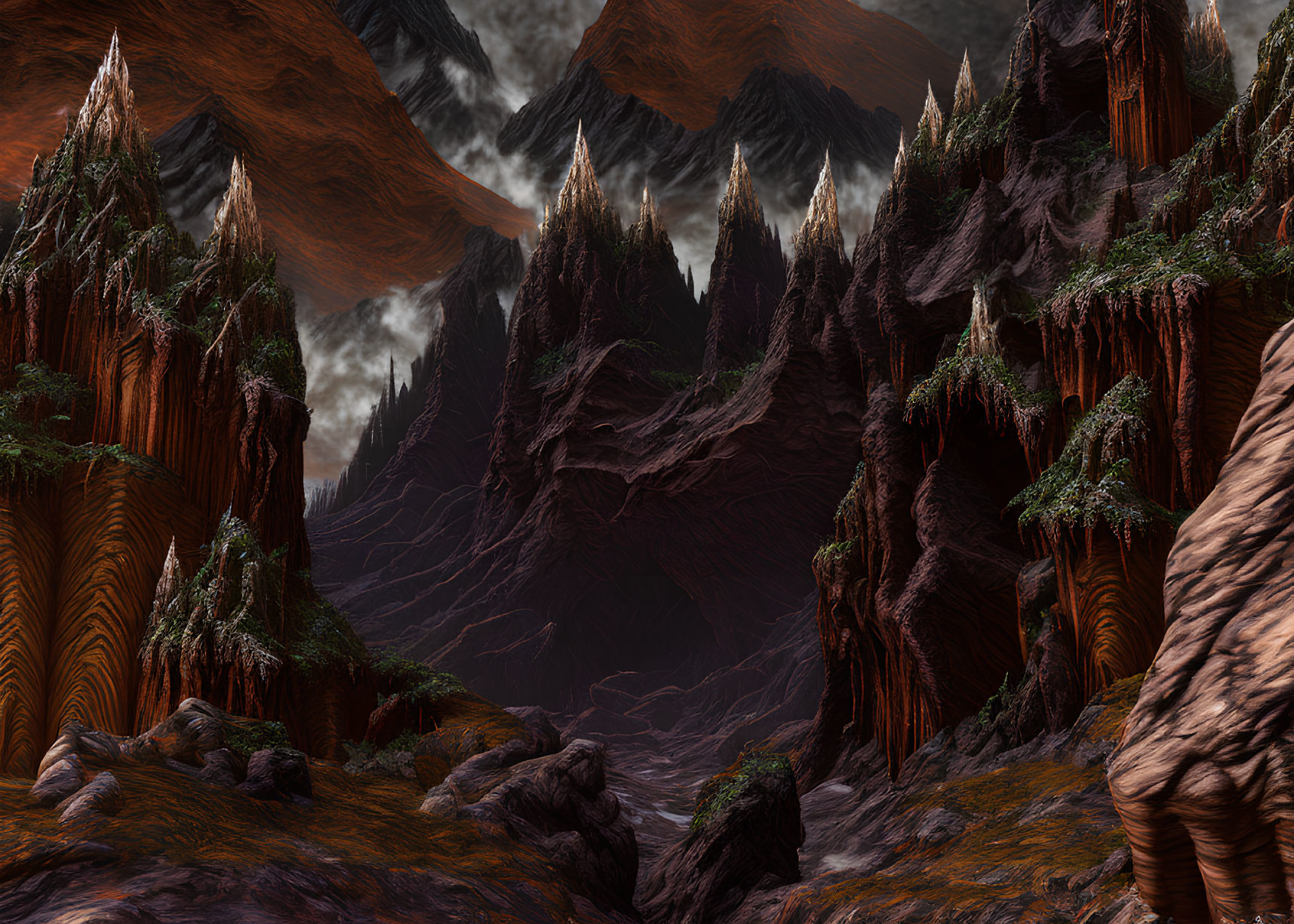 Dramatic landscape with towering mountains and copper-toned forests