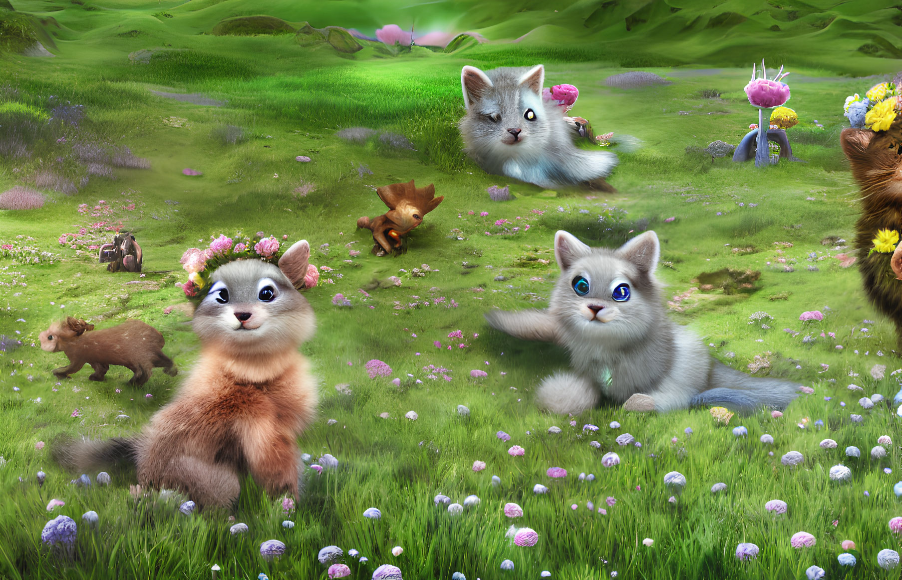 Whimsical anthropomorphic foxes and squirrels in vibrant meadow