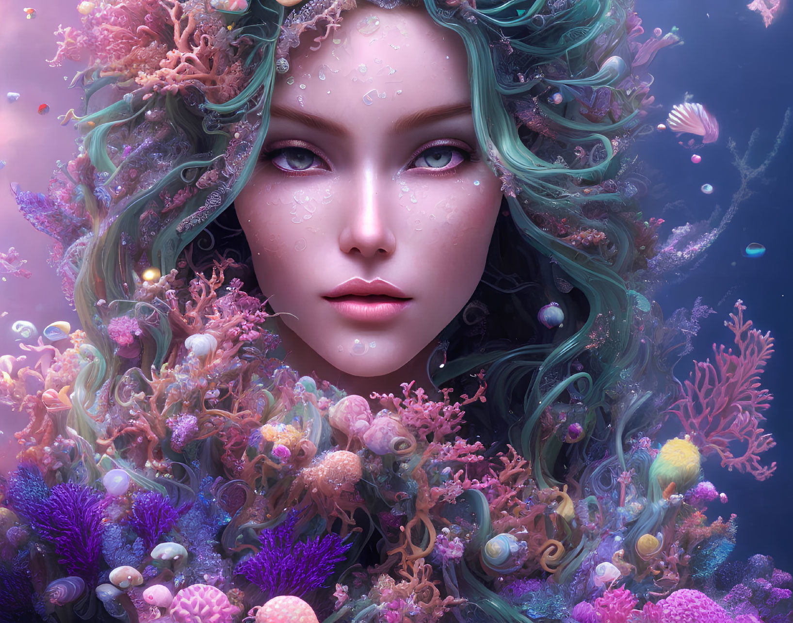 Vivid Turquoise Hair Woman Surrounded by Coral and Sea Life
