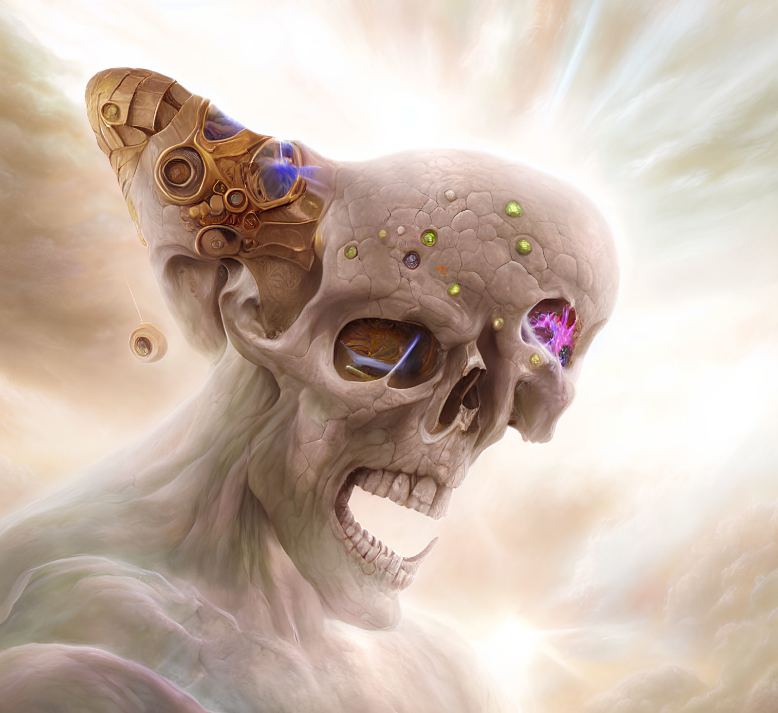 Detailed Digital Artwork: Alien Skull with Mechanical Enhancements and Glowing Gems on Luminous Cloud