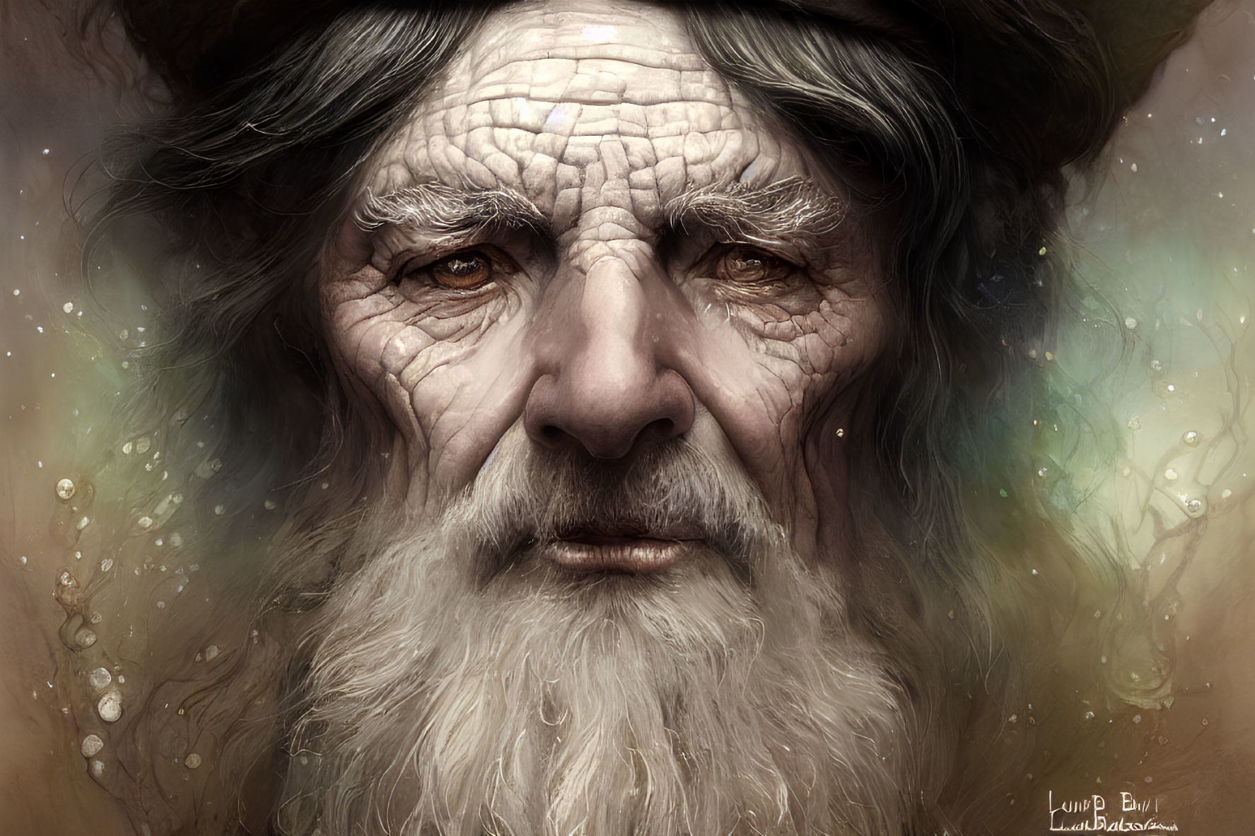 Elderly man with deep wrinkles and hat in mystical setting