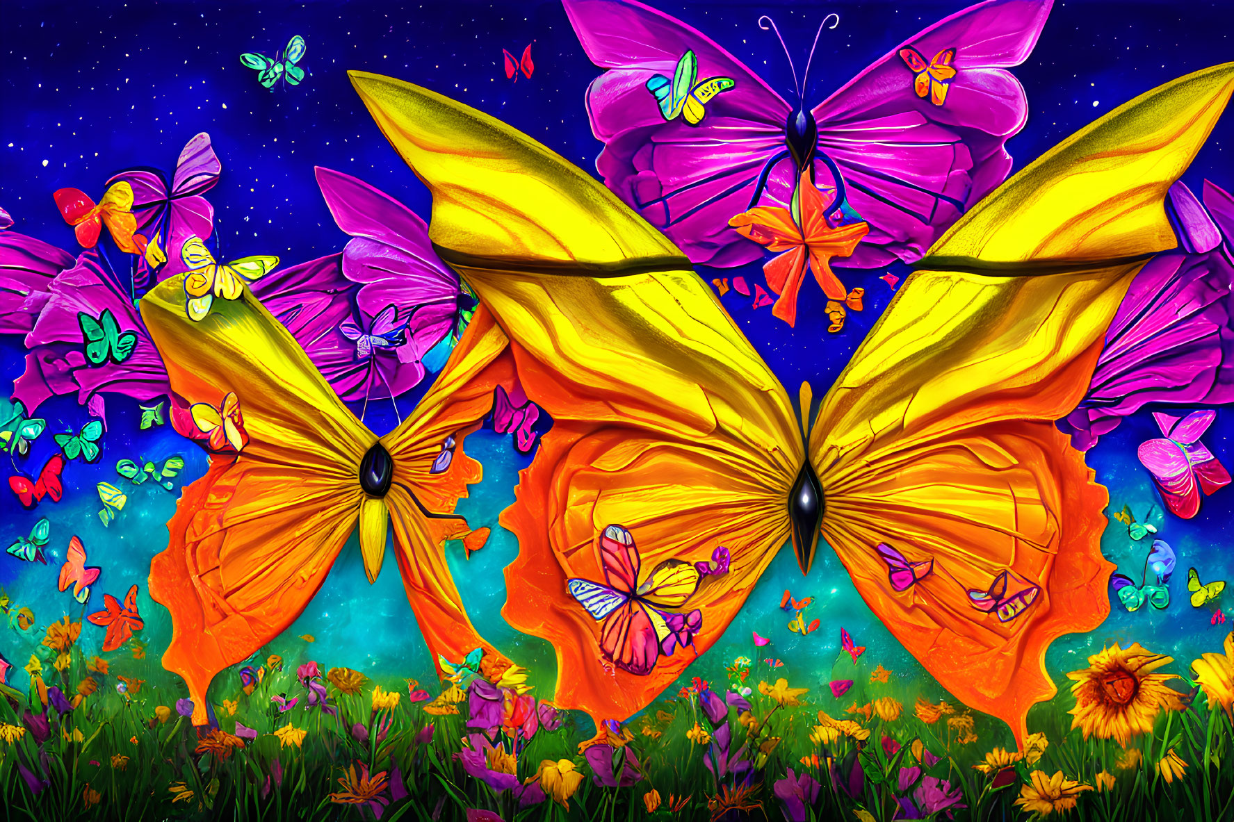 Colorful Butterfly Artwork with Flowers and Starry Sky