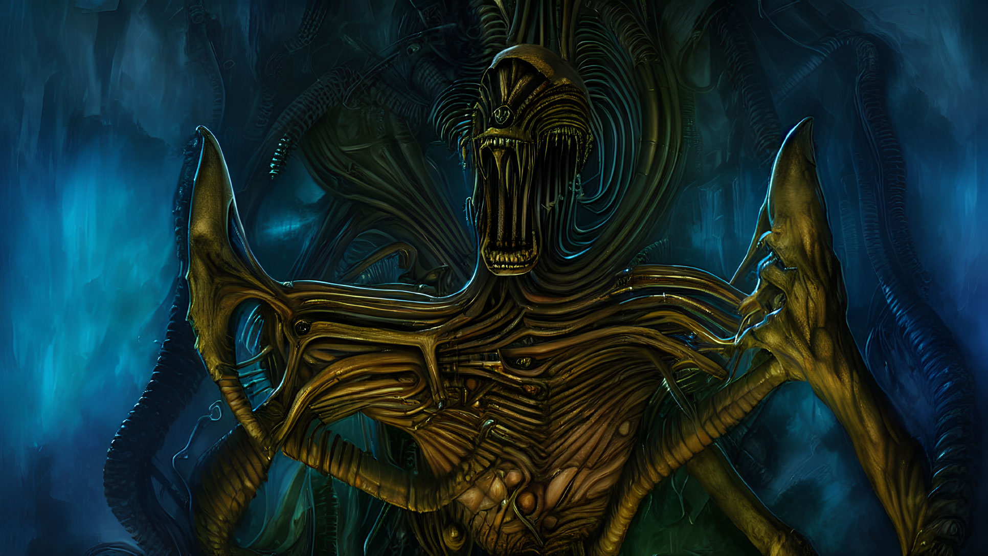 Biomechanical creature with skull-like face and sharp claws on dark blue backdrop