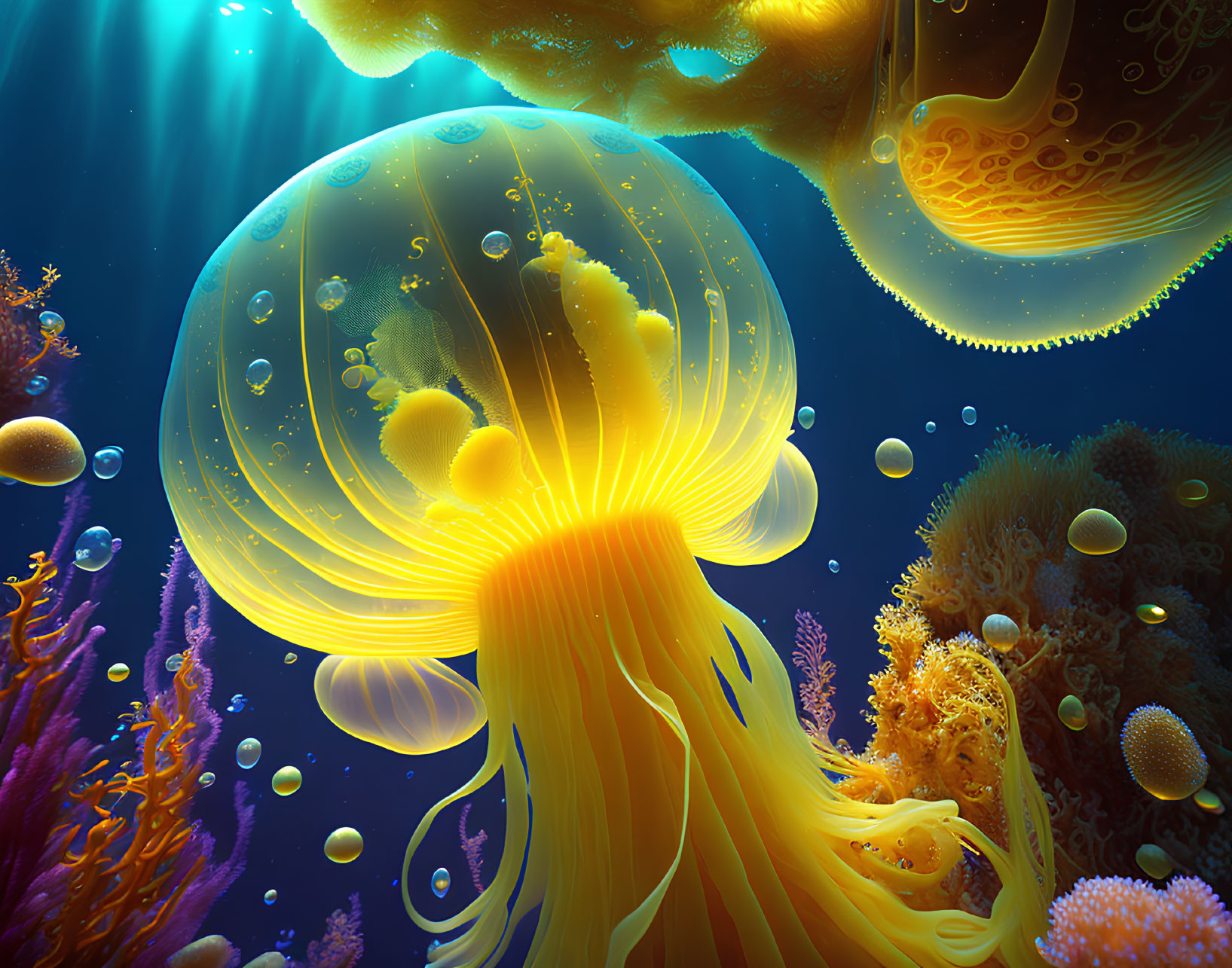 Colorful Underwater Scene with Luminescent Jellyfish and Coral Reefs
