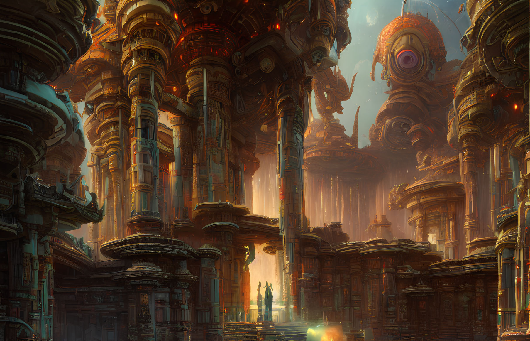 Futuristic cityscape with towering, ornate structures