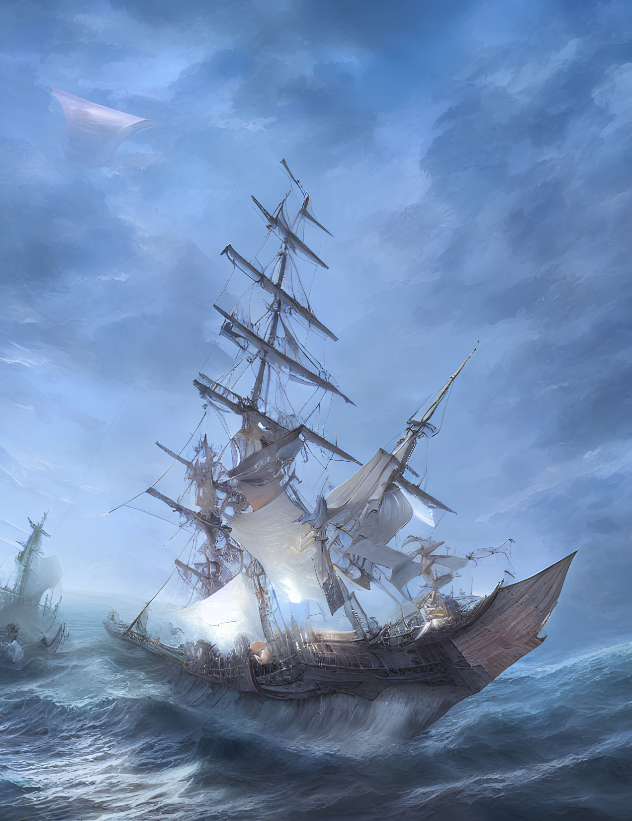 Naval battle scene with sailing ships in turbulent seas