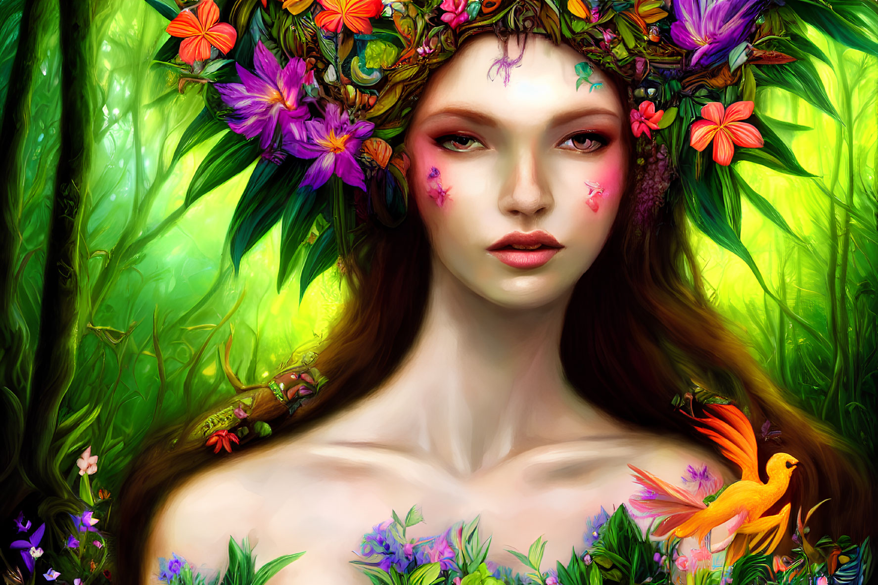 Digital artwork of woman with floral crown and bird in lush greenery