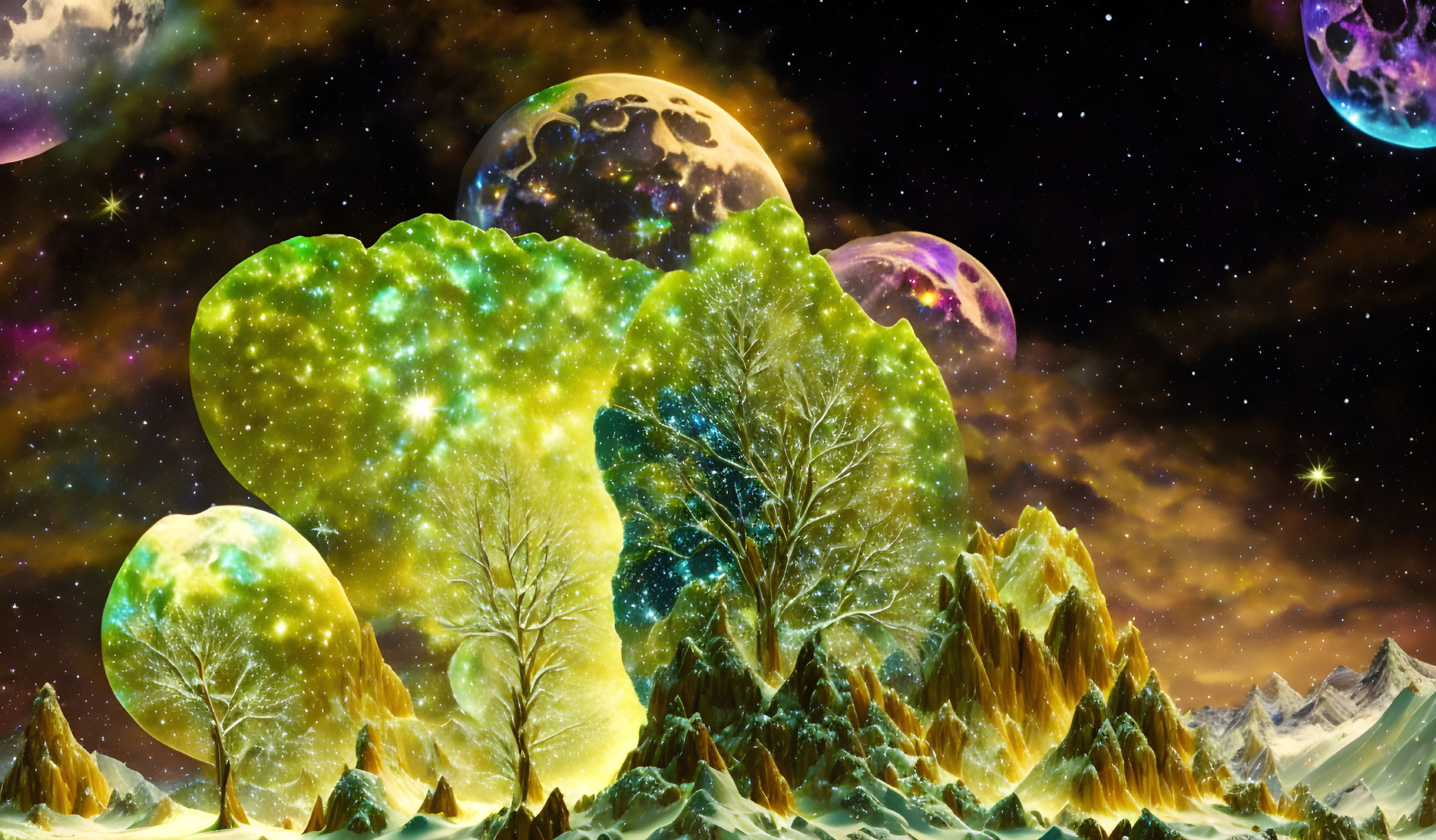 Colorful Glowing Trees in Surreal Starry Landscape