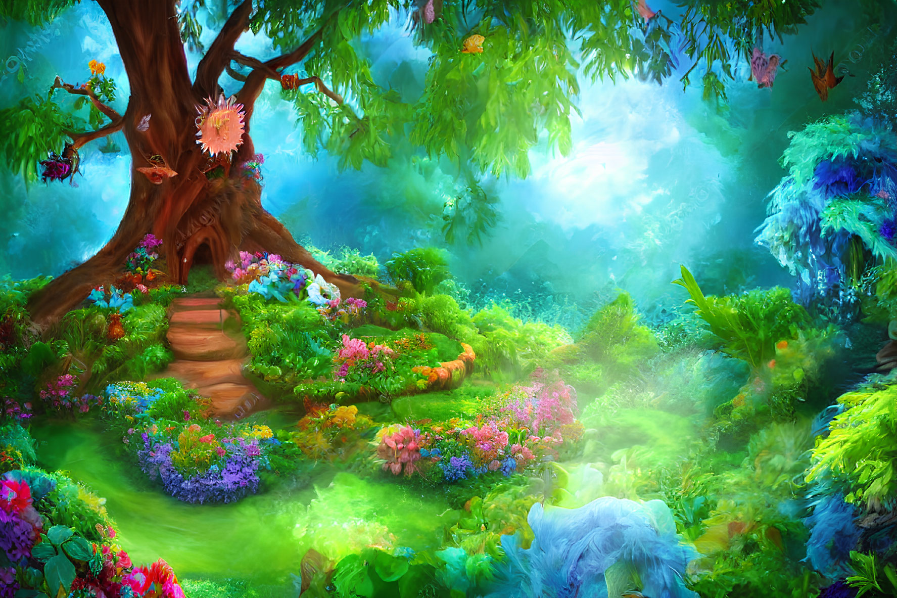 Vibrant enchanted forest with mystical tree doorway, colorful flowers, and glowing atmosphere