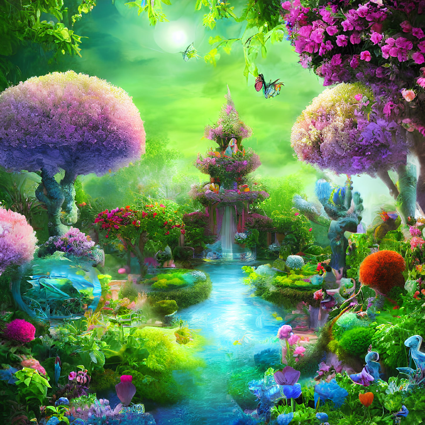 Fantasy garden with lush foliage, colorful flora, statues, and serene river