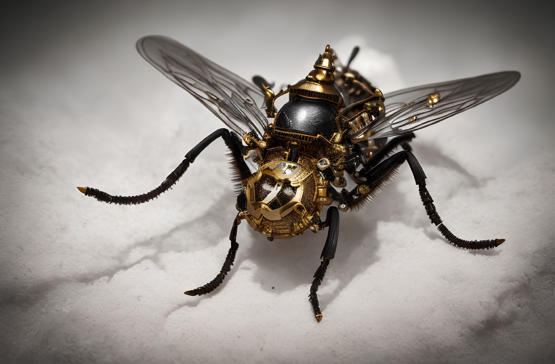 Steampunk mechanical fly with intricate gears on white surface