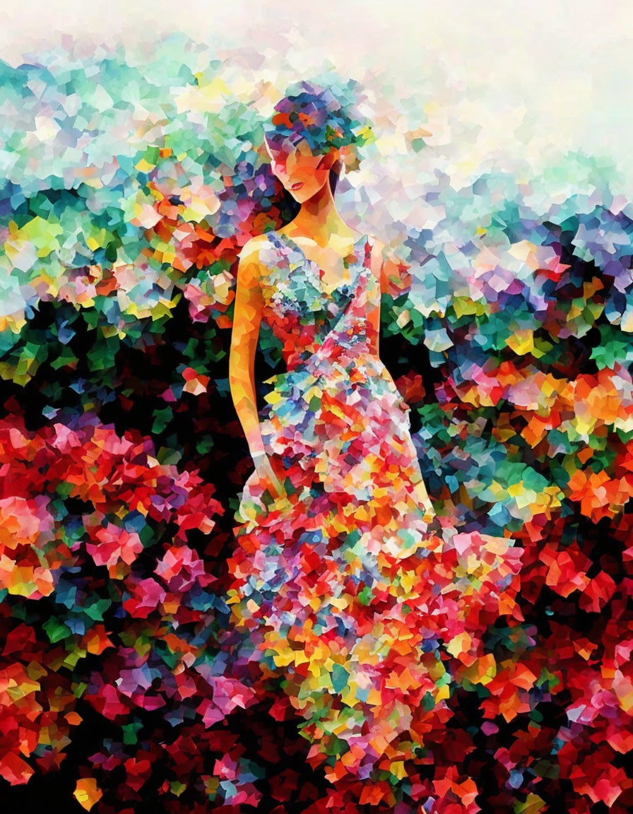 Colorful Impressionist Painting of Woman in Floral Dress surrounded by Flowers