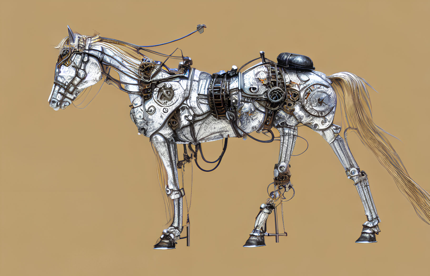 Detailed Mechanical Horse Illustration with Gears on Tan Background