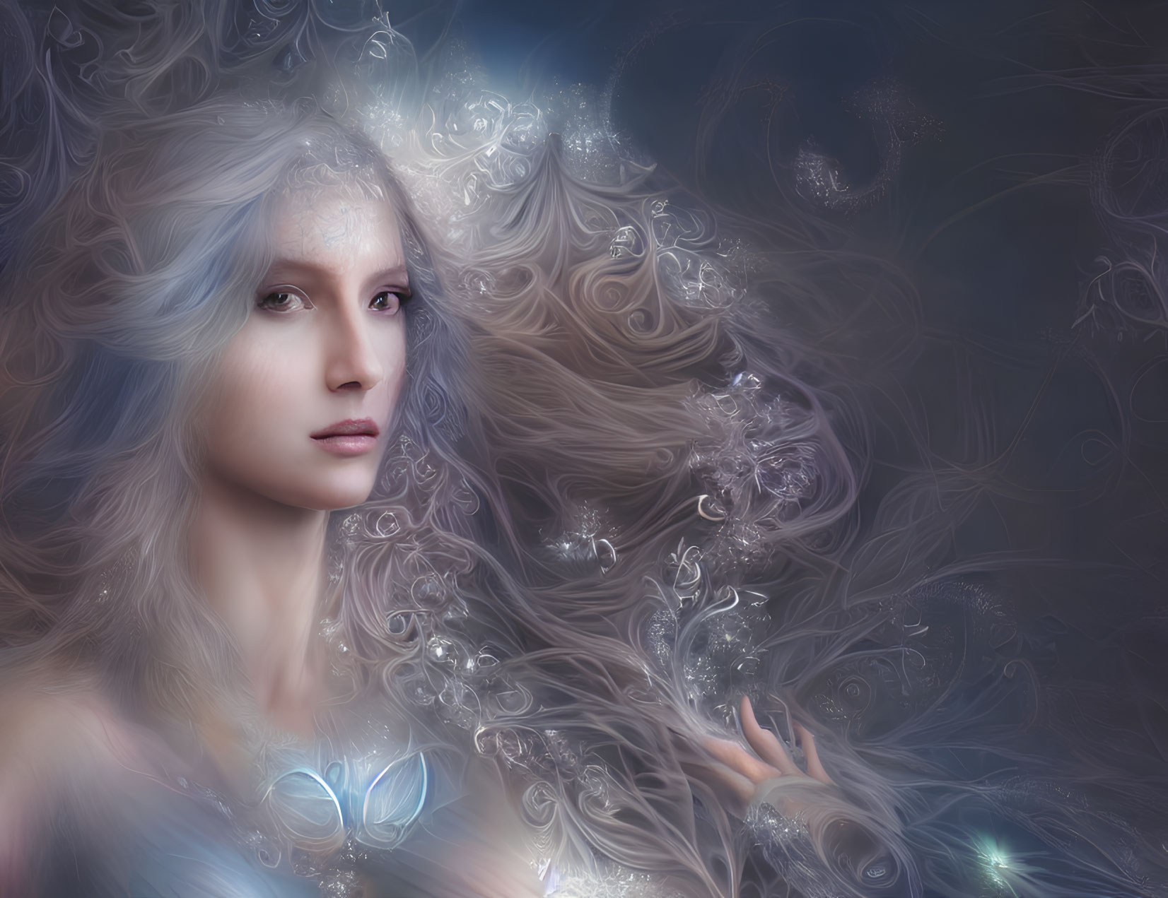 Pale-skinned woman with silver hair in mystical setting