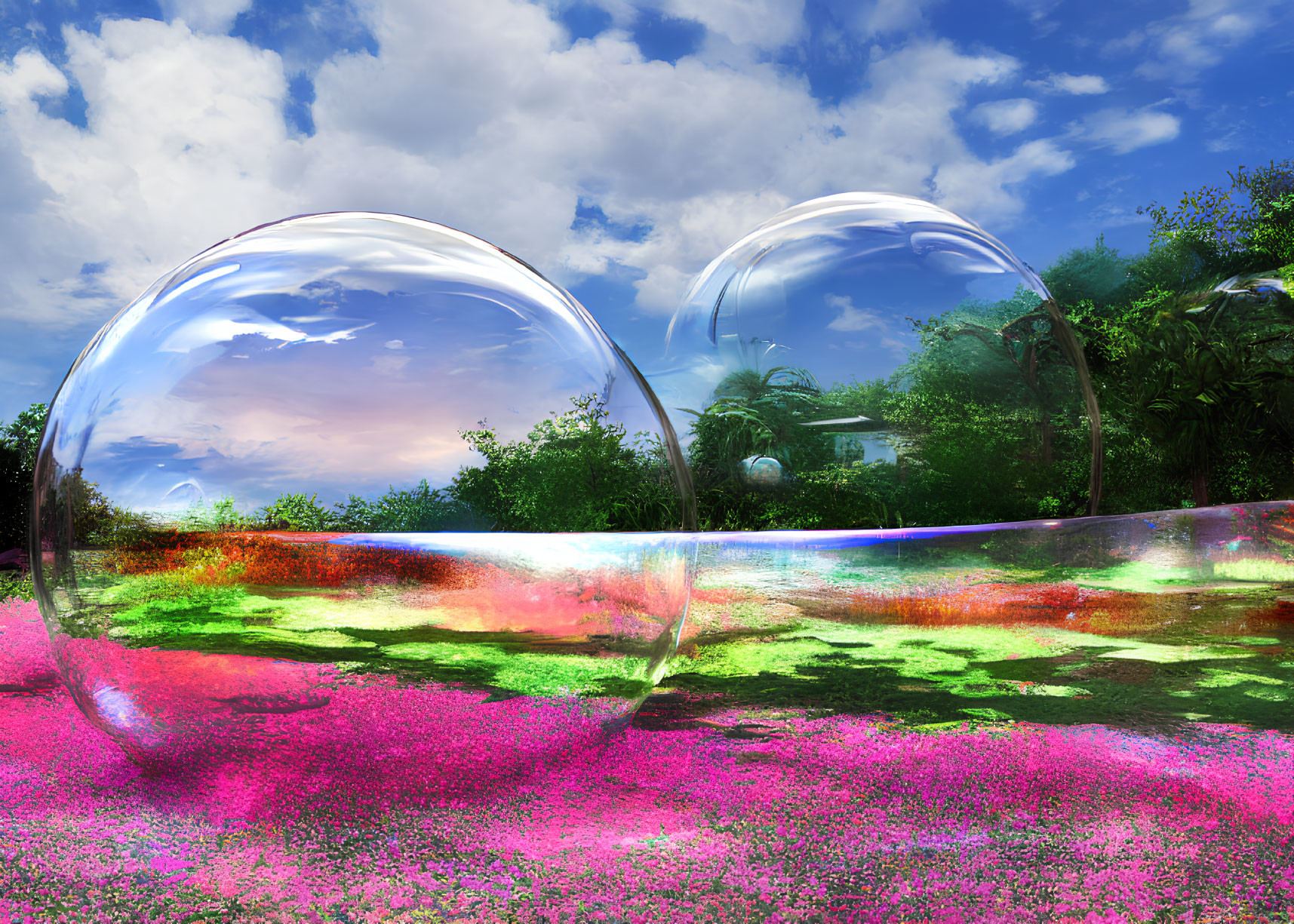 Transparent bubbles on vibrant pink flowerbed under blue sky with fluffy clouds.