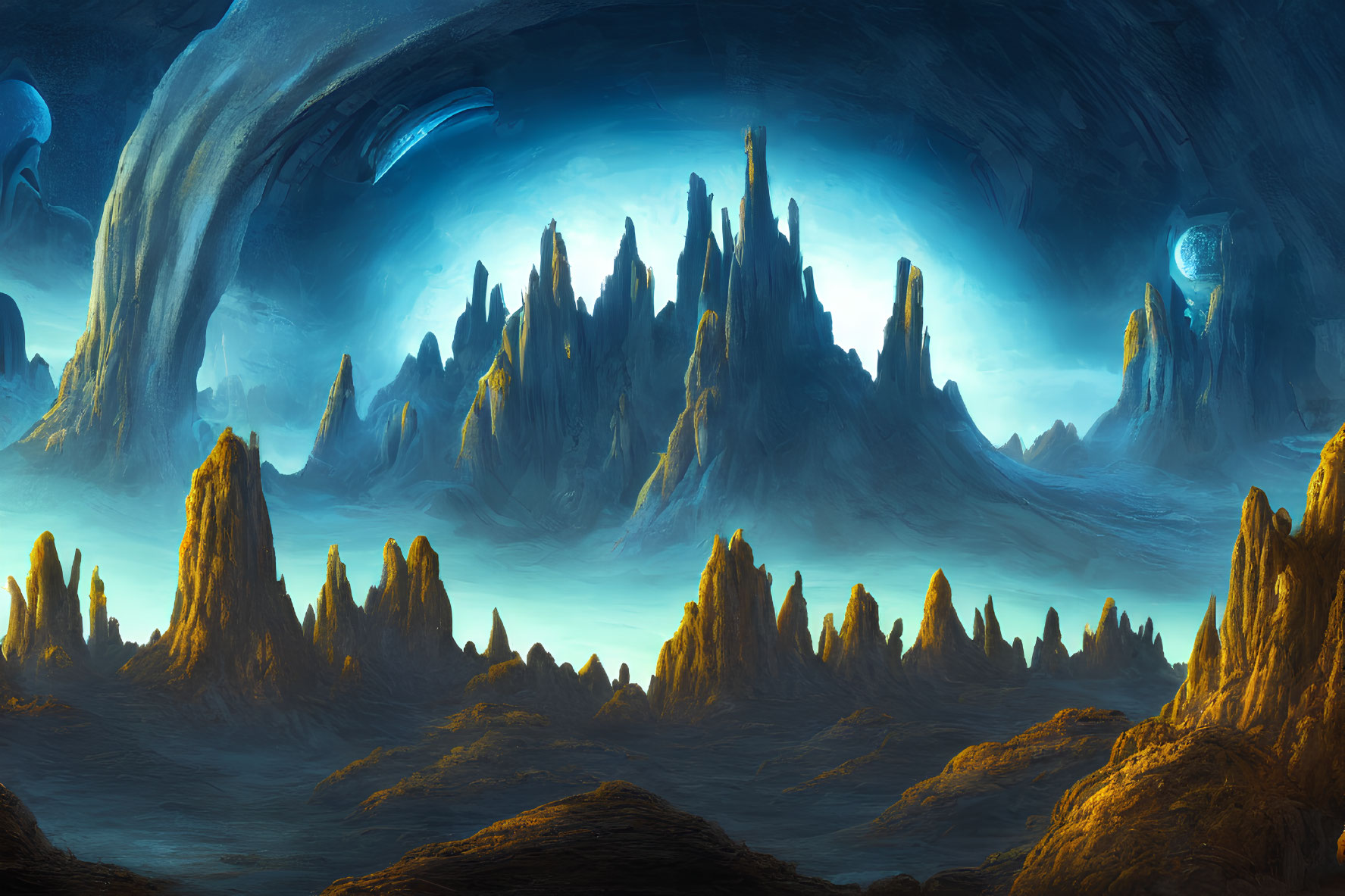 Alien landscape with towering rock formations and two moons