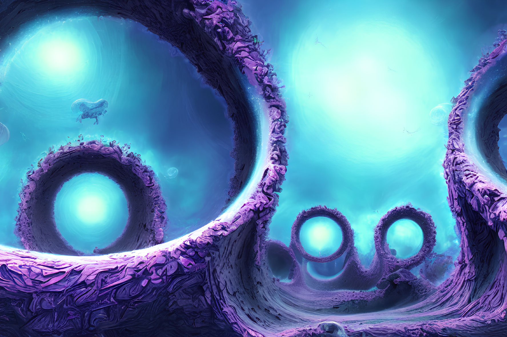 Surreal fractal landscape with swirling purple structures and glowing blue orbs