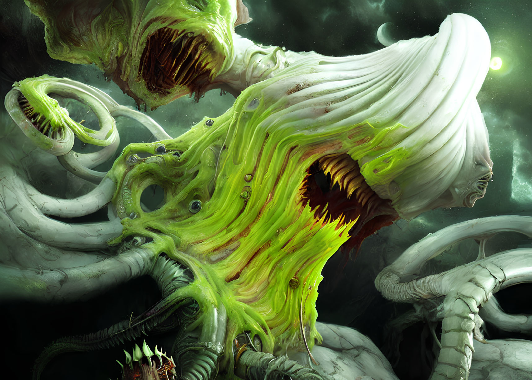 Eerie green luminescent creature with gaping maw in cosmic setting
