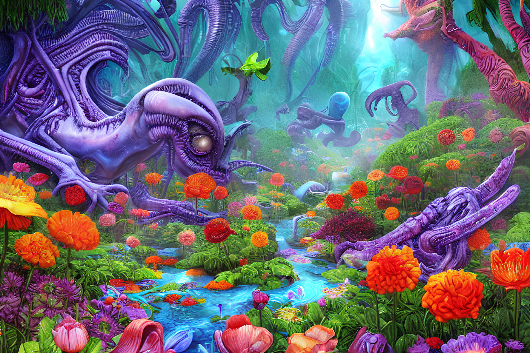 Colorful Underwater Scene with Fantastical Flora and Fauna
