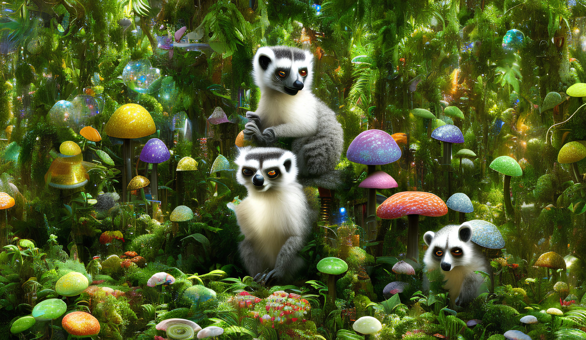 Colorful Cartoon Lemurs in Enchanted Forest Glade