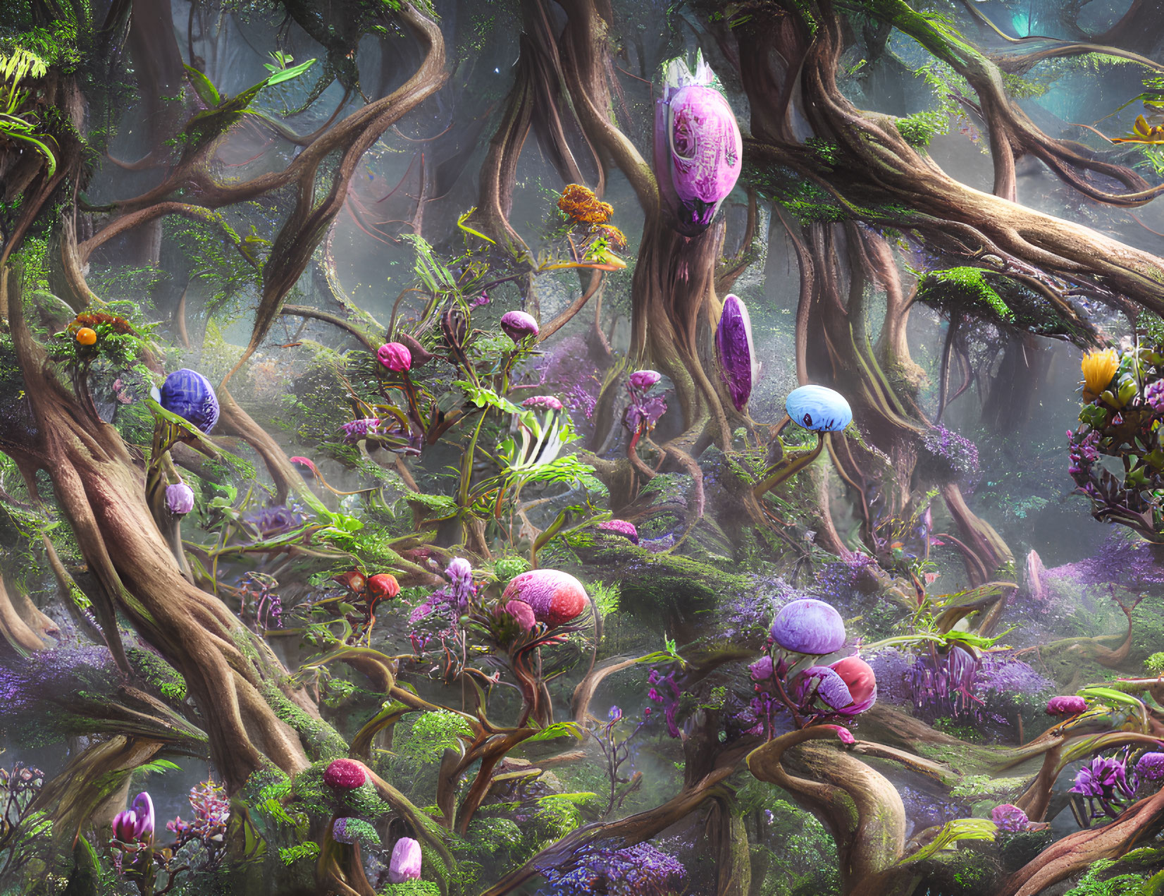 Mystical forest with twisted trees and glowing flora