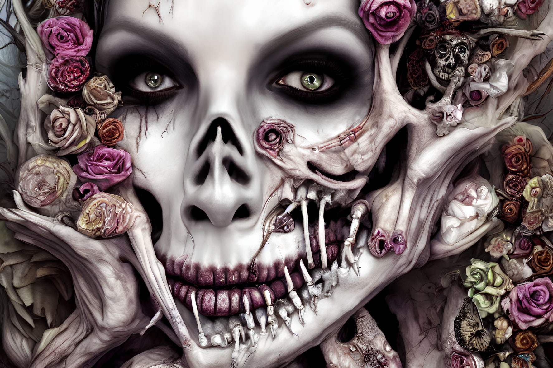 Detailed Artwork: Skeletal Figure with Menacing Eyes Surrounded by Colorful Roses