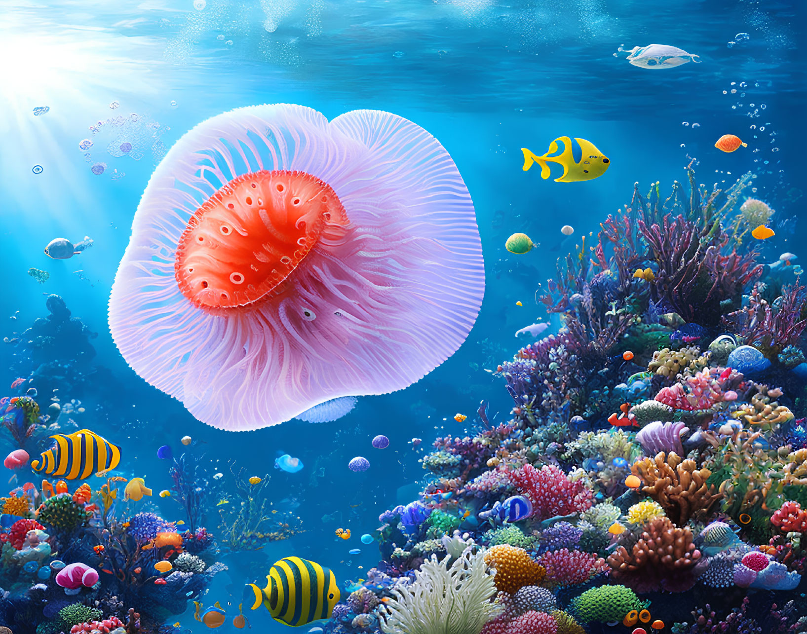 Colorful Underwater Scene with Pink Jellyfish and Coral Reef