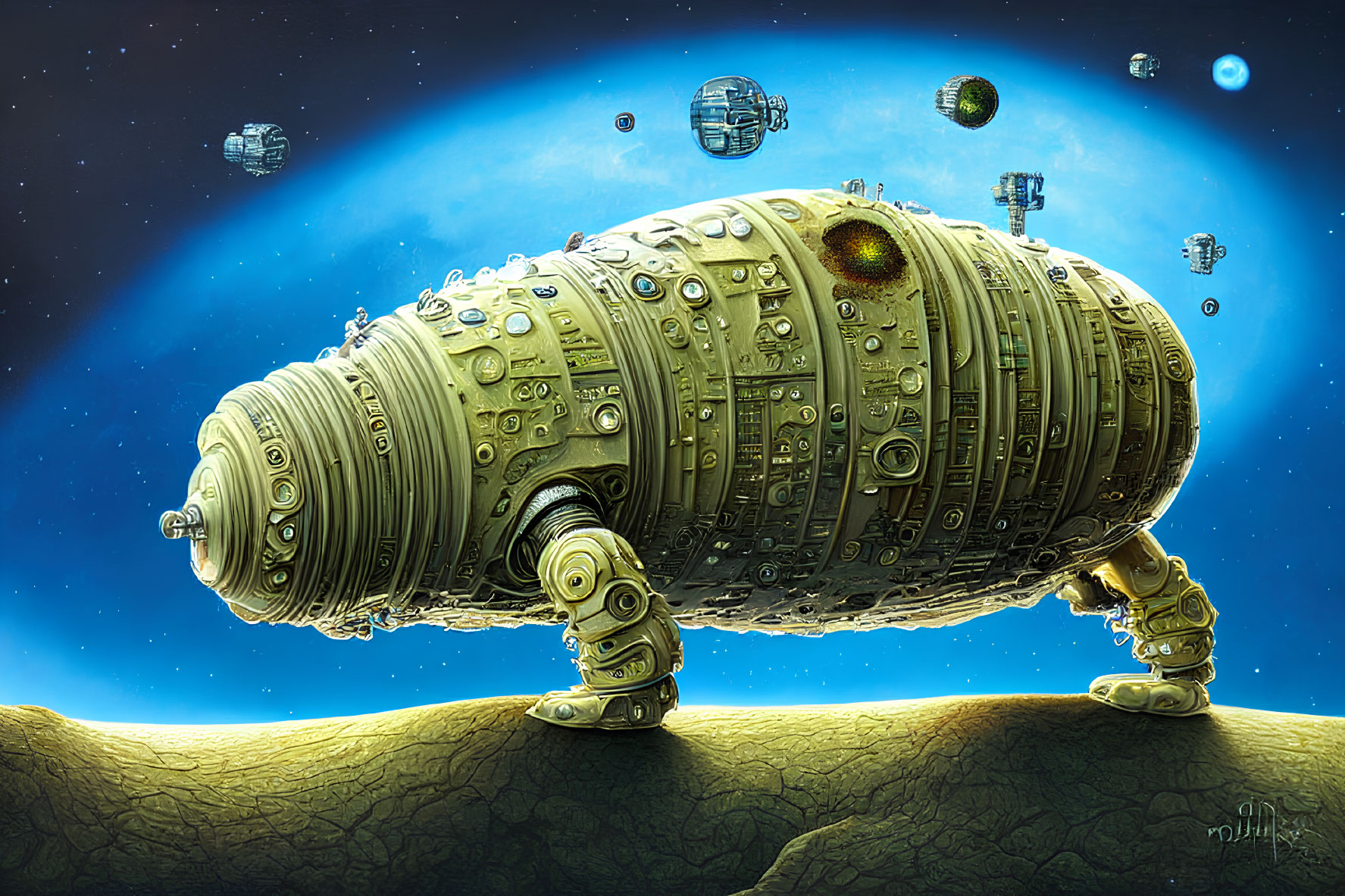 Whimsical robotic sheep on alien landscape with floating space stations