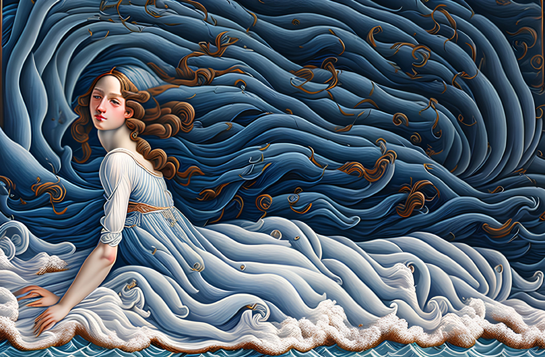 Illustration of woman merging with blue ocean waves in surreal style