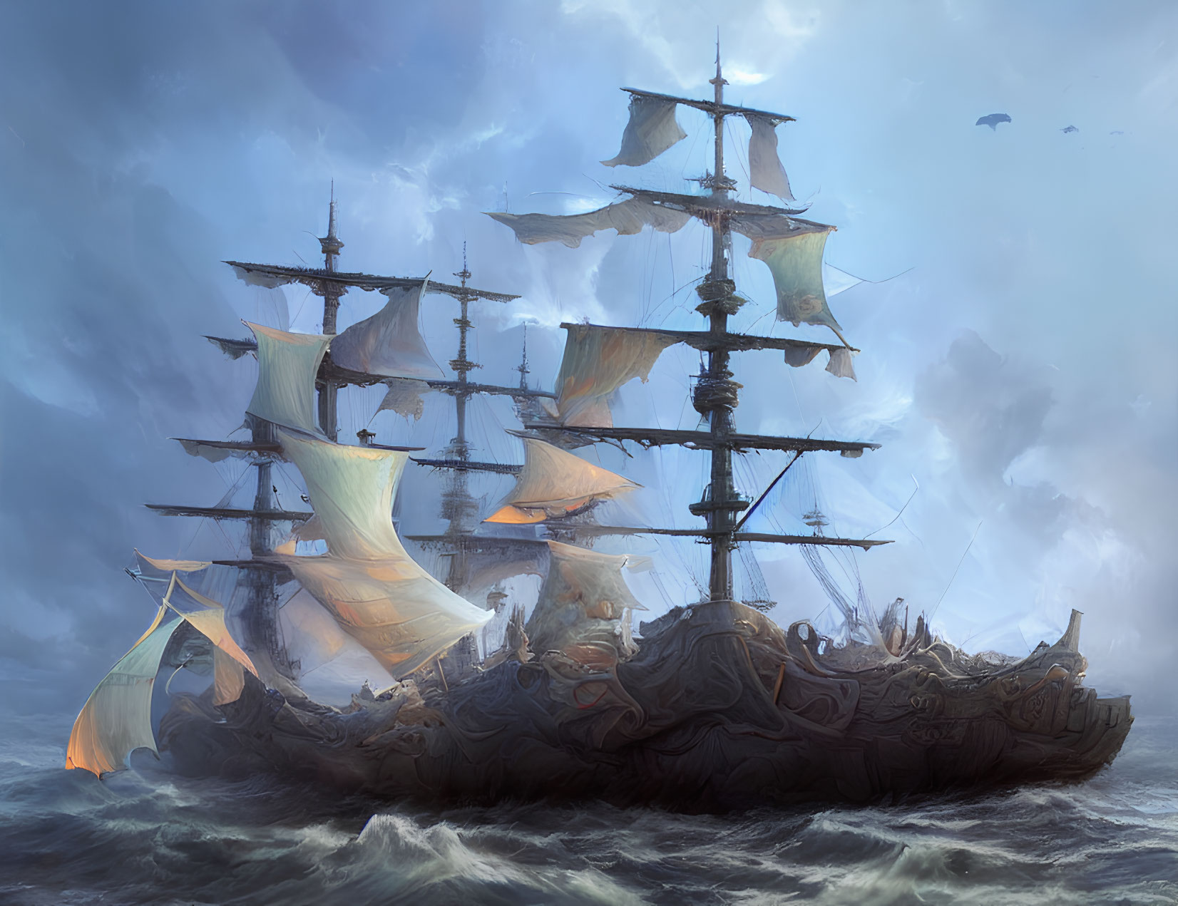 Ornate sailing ship with tattered sails in stormy sea